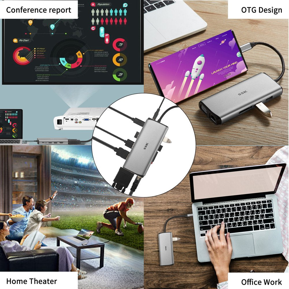 USB C Docking Station,11 in 1 Triple Displays USB Dock Dual Monitor of HDMI, VGA, Multiport Adapter with Ethernet,Pd3.0,Sd TF Card Reader,3Usbs for Macbook Pro/Air(Thunderbolt 3) Typc C Laptop